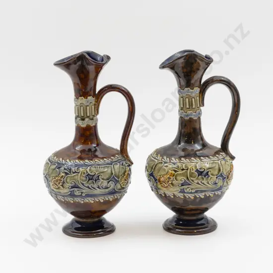 Pair C1898 Doulton Lambeth Stoneware Tube Lined with Frogs & Lillies Ewers 21.5cm H