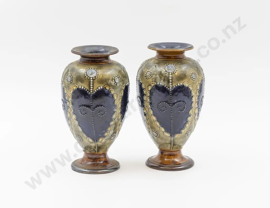 Pair C1892 RD Stoneware Tube Lined Decorated Vases 19cm H Image 1++
