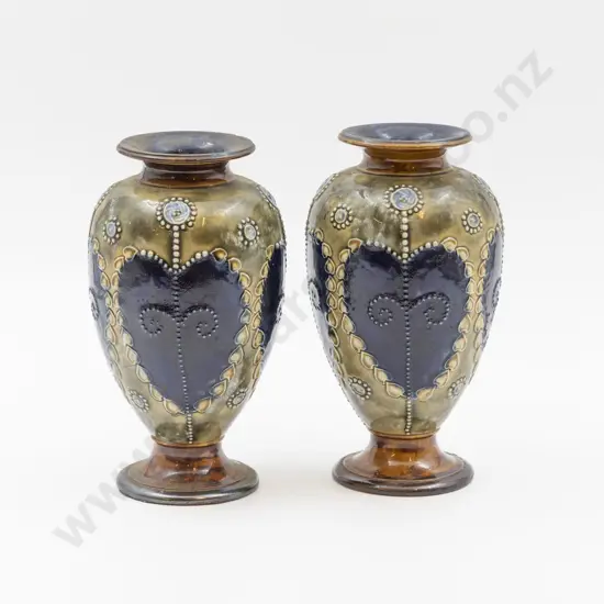 Pair C1892 RD Stoneware Tube Lined Decorated Vases 19cm H