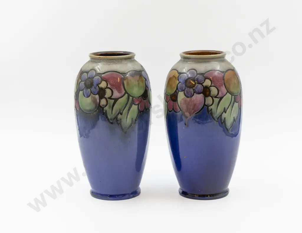 Pair C1896 RD Art Nouveau Stoneware Floral Frieze Vases 25cm H Image 1++