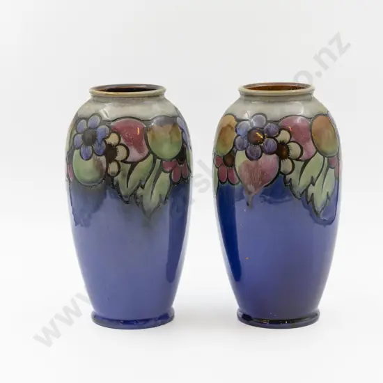 Pair C1896 RD Art Nouveau Stoneware Floral Frieze Vases 25cm H