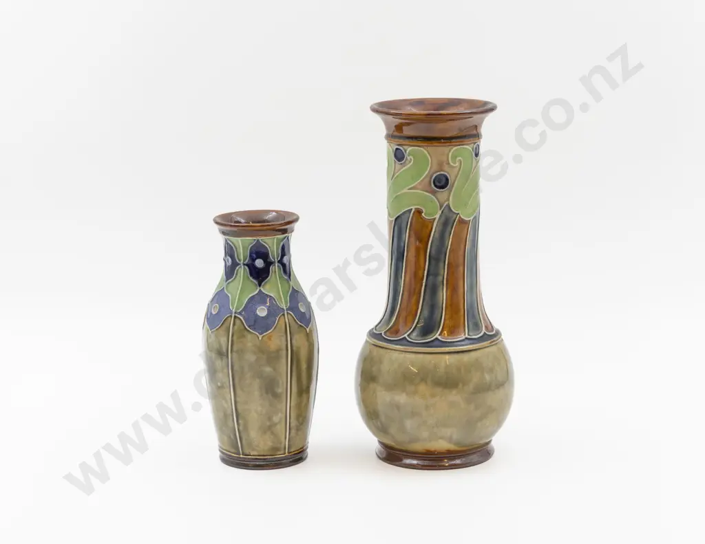 Two C1894 RD Art Nouveau Stoneware Tube Lined Decorated Vases 25cm & 17.5cm H Image 1++