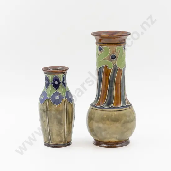 Two C1894 RD Art Nouveau Stoneware Tube Lined Decorated Vases 25cm & 17.5cm H