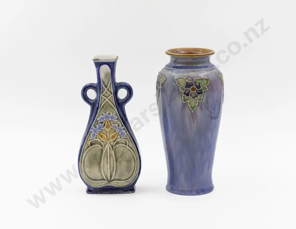 Two C1894 RD Art Nouveau Stoneware Tube Lined Decorated Vases 23cm & 22cm H Image 1++