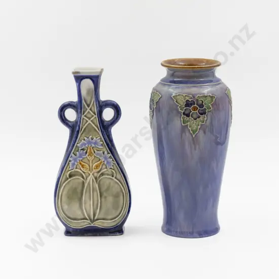 Two C1894 RD Art Nouveau Stoneware Tube Lined Decorated Vases 23cm & 22cm H