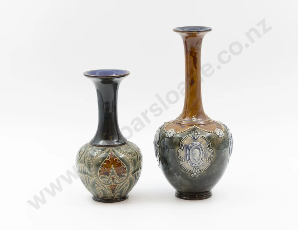 Two C1895 RD & Lambeth Stoneware Tube Lined & Handpainted Specimen Vases 26.5cm & 20cm H Image 1++