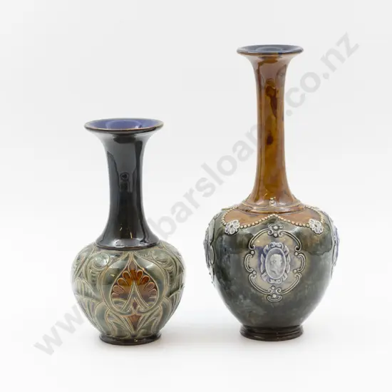 Two C1895 RD & Lambeth Stoneware Tube Lined & Handpainted Specimen Vases 26.5cm & 20cm H