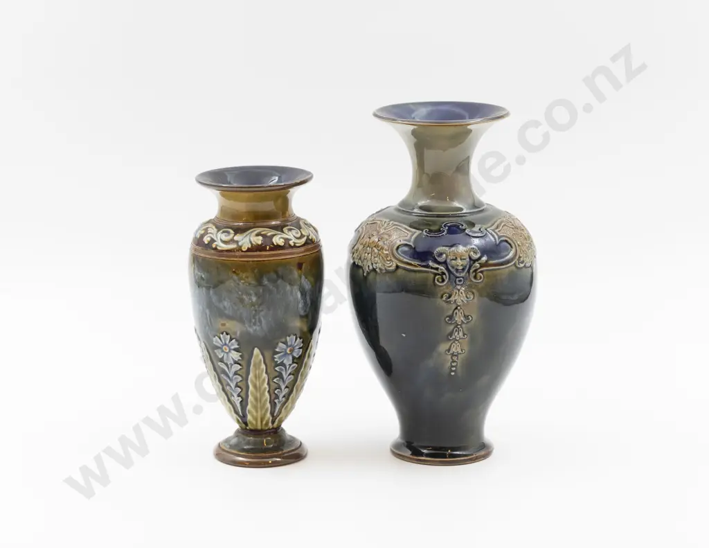 Two C1895 RD & Lambeth Stoneware Tube Lined & Applied Decorated Vases 21cm & 17cm H Image 1++