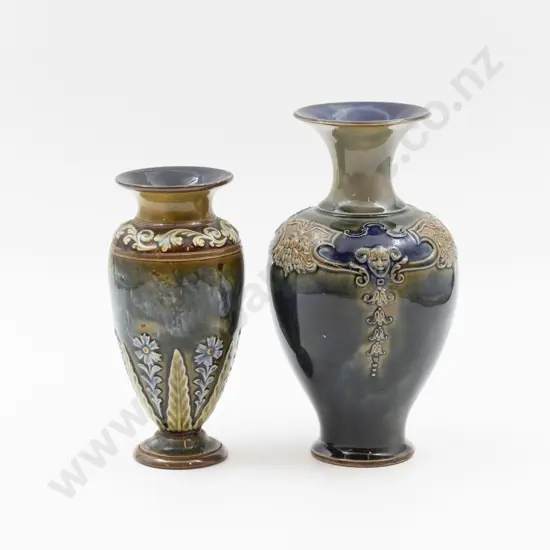 Two C1895 RD & Lambeth Stoneware Tube Lined & Applied Decorated Vases 21cm & 17cm H