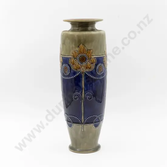 C1892 RD Stoneware Tube Lined & Beaded Long Stem Mantel Vase 36cm H