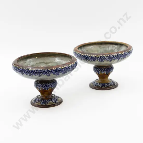 Pair Doulton Lambeth Stoneware Tube Lined Comports 15cm Diameter Overall
