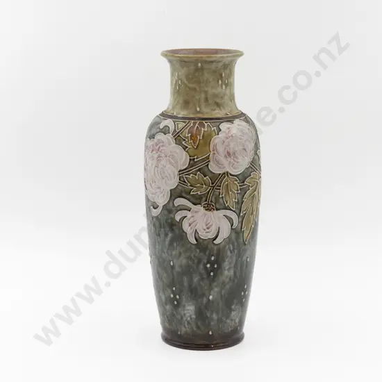 C1895 RD Stoneware Tube Lined Chrysanthemum Decorated Mantel Vase 39.5cm H