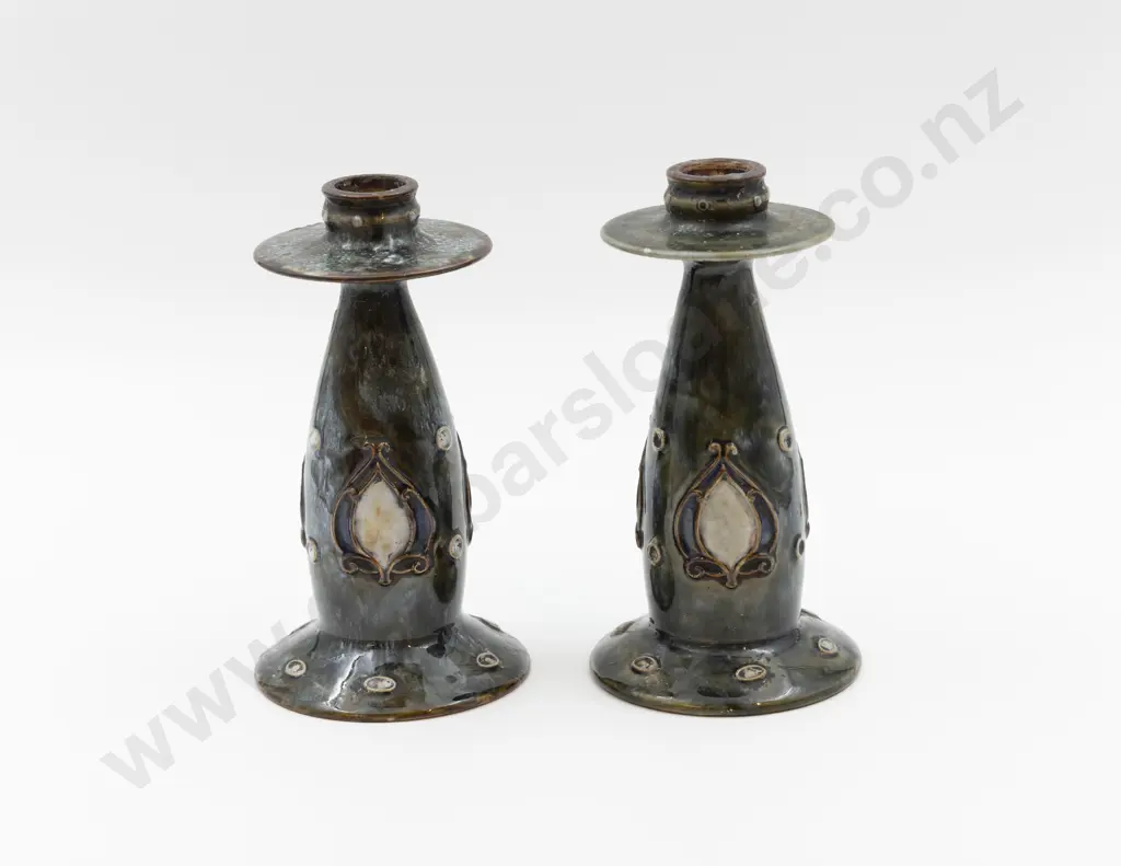 Two C1892 RD Stoneware Tube Lined Decorated Candlesticks 19cm H Image 1++