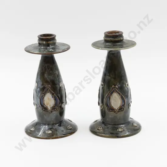Two C1892 RD Stoneware Tube Lined Decorated Candlesticks 19cm H