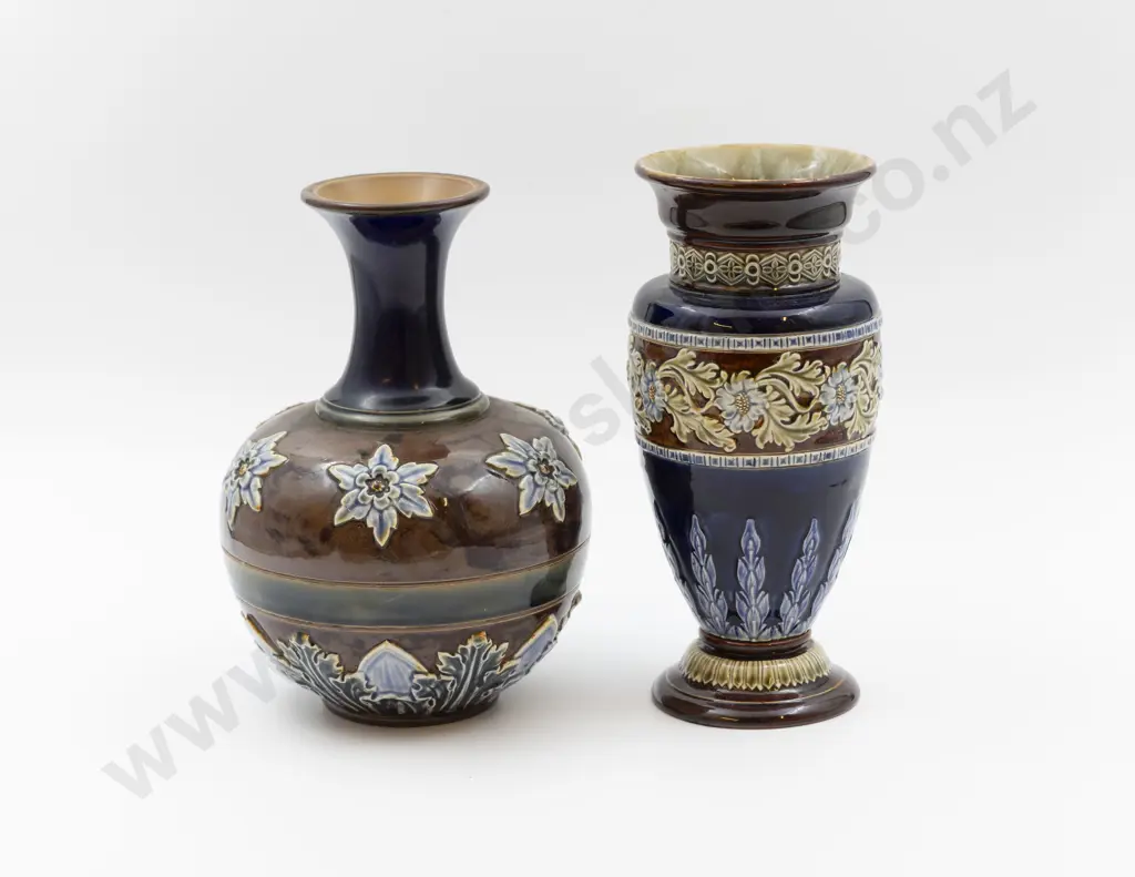 C1986 RD & Lambeth Stoneware Applied Floral Motif Vases Image 1++