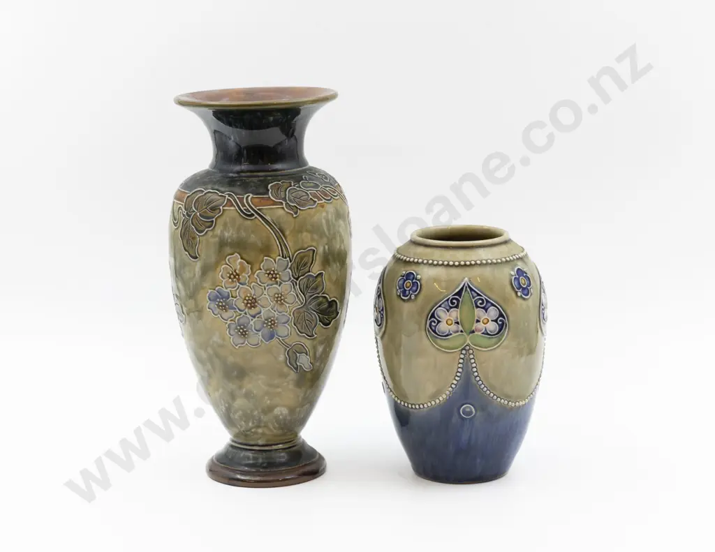 Two C1895 RD Stoneware Floral Tube Lined Vases 27.5cm & 19cm H Image 1++
