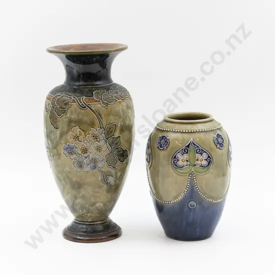 Two C1895 RD Stoneware Floral Tube Lined Vases 27.5cm & 19cm H
