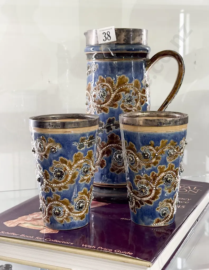 Dated 1877 Doulton Lambeth George Tinworth Lemonade Jug and Two Matching Tumblers Image 1++