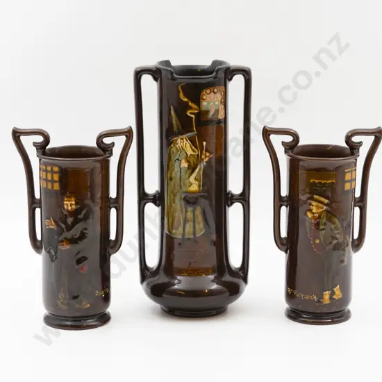 RD Kingsware Long Stem Handled Vase & Pair of Vases
