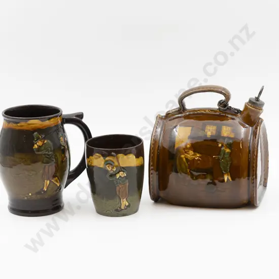 RD Kingsware Shaped Barrel Whisky Decanter & Two Golfing Drinking Vessels