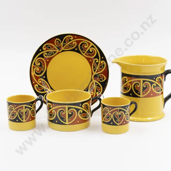 Royal Doulton "Maori Art" Pattern Jug Cup & Saucer & Two Demitasse