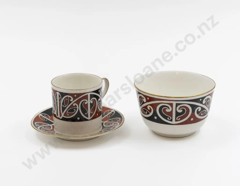 Royal Doulton "Maori Art" Pattern Demitasse Cup Saucer & Sugar Bowl together with Royal Doulton Reference Book Image 1++