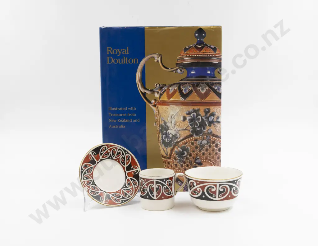 Royal Doulton "Maori Art" Pattern Demitasse Cup Saucer & Sugar Bowl together with Royal Doulton Reference Book Image 1++