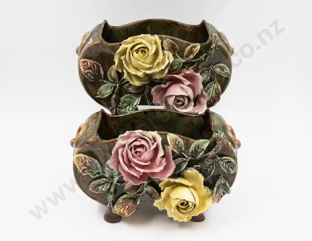 Pair Milton Pottery Trough Vases with Applied Relief Decoration 28.5cm L Image 1++