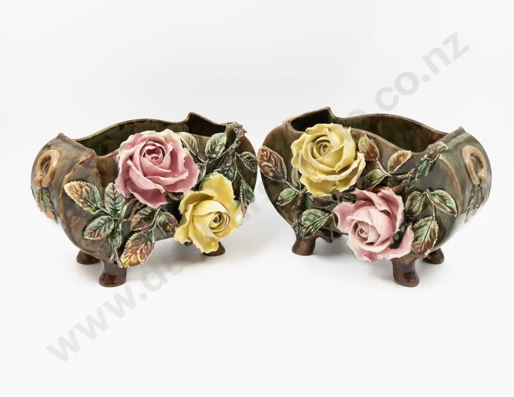 Pair Milton Pottery Trough Vases with Applied Relief Decoration 28.5cm L Image 1++