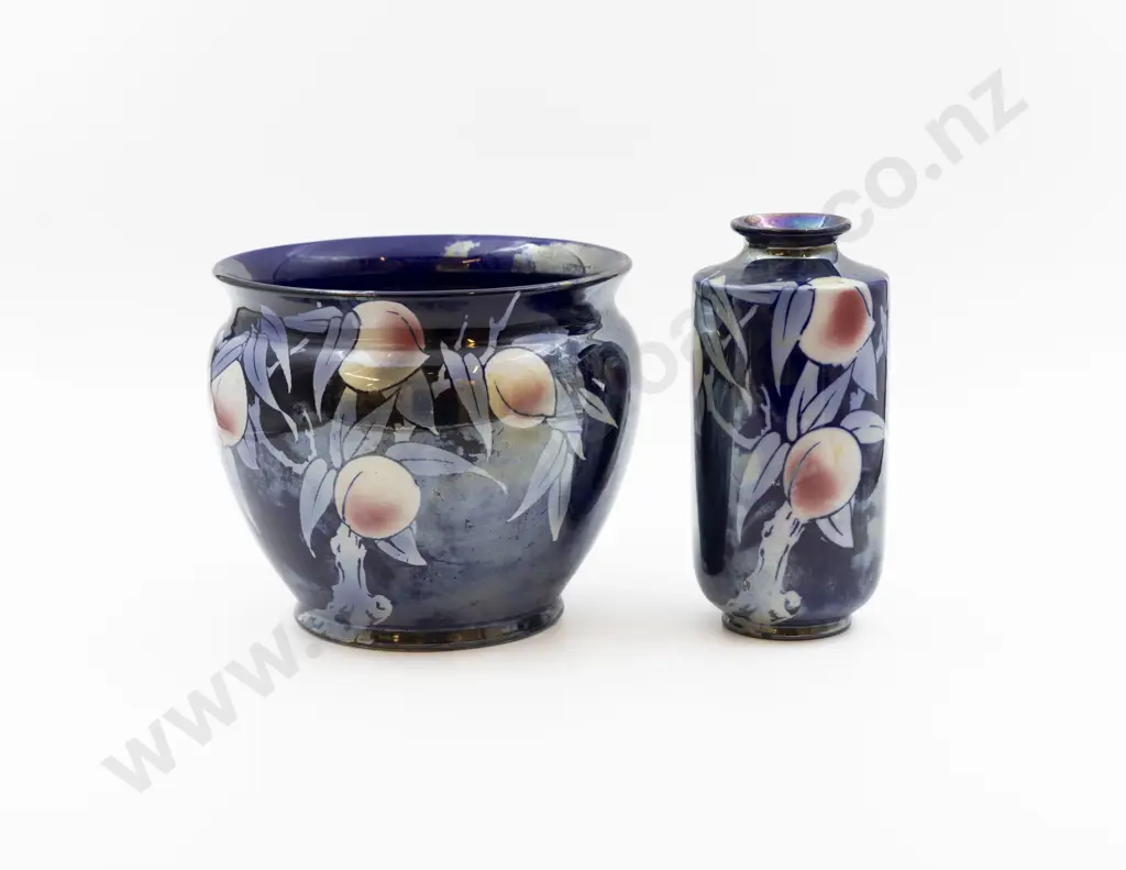 Shelley Cobalt Blue Lustre Jardiniere & Vase with Peach Fruits 19.5cm D & 20cm H Image 1++