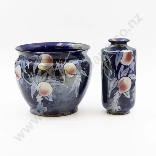 Shelley Cobalt Blue Lustre Jardiniere & Vase with Peach Fruits 19.5cm D & 20cm H