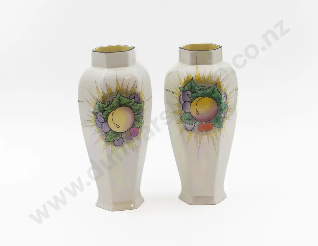 Pair Shelley White Lustre Hexagonal Long Stem Vases Fruit Decorations 25cm H Image 1++