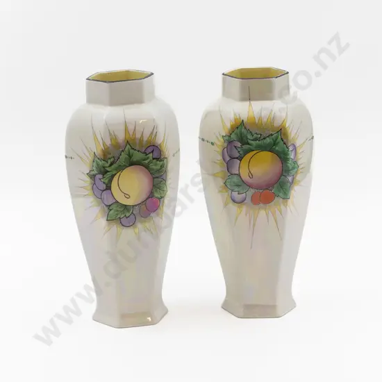 Pair Shelley White Lustre Hexagonal Long Stem Vases Fruit Decorations 25cm H