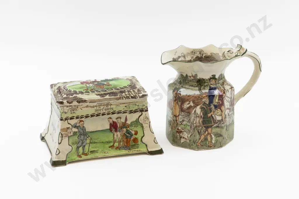 Shelley Art Deco Printed Ware Comical Golfing Scene Cigarette Box & Hunting Jug 16.5cm L & 14cm H Image 1++
