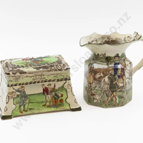 Shelley Art Deco Printed Ware Comical Golfing Scene Cigarette Box & Hunting Jug 16.5cm L & 14cm H