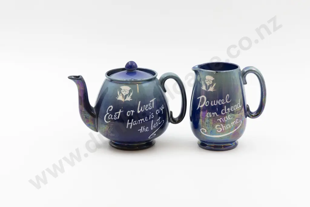 Shelley Art Deco Blue Lustre "Saying" Ware Teapot & Milk Jug Image 1++