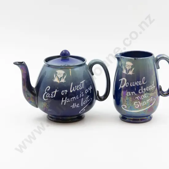 Shelley Art Deco Blue Lustre "Saying" Ware Teapot & Milk Jug