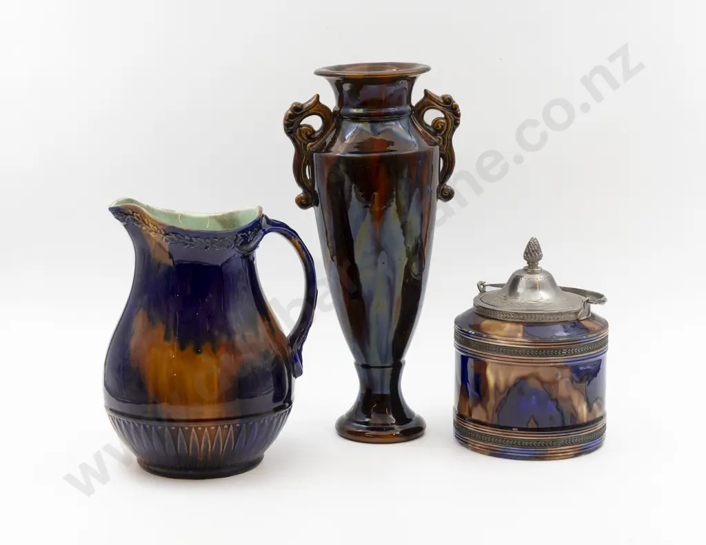 Wedgwood Dribble Glaze Pitcher with Similar Biscuit Barrel (A/F) & Mantle Vase Image 1++