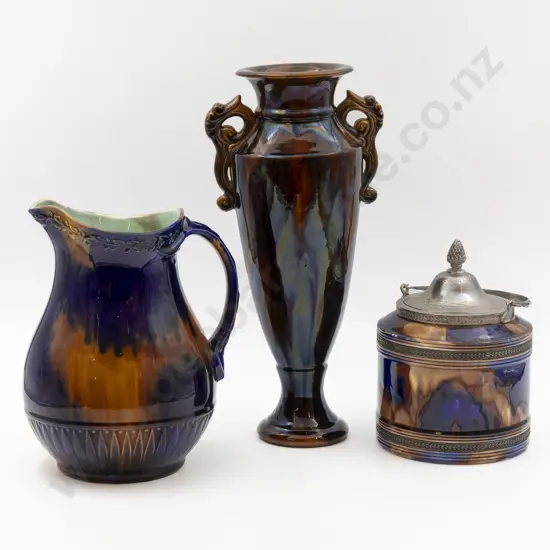 Wedgwood Dribble Glaze Pitcher with Similar Biscuit Barrel (A/F) & Mantle Vase