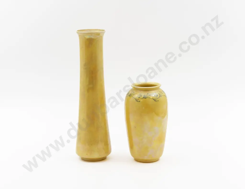 Two Ruskin Iridescent Luste Yellow Glazed Vases Image 1++
