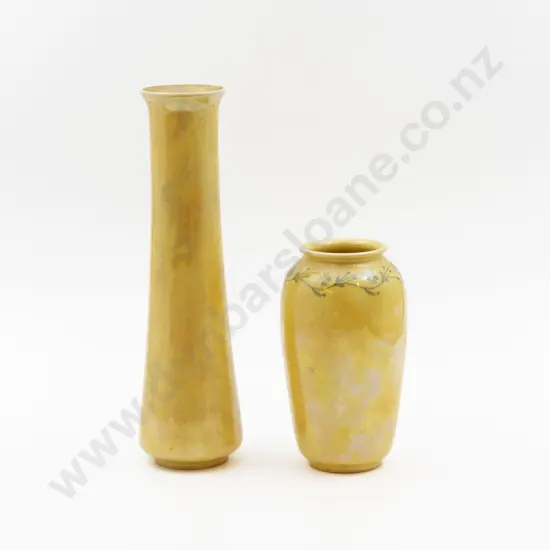 Two Ruskin Iridescent Luste Yellow Glazed Vases