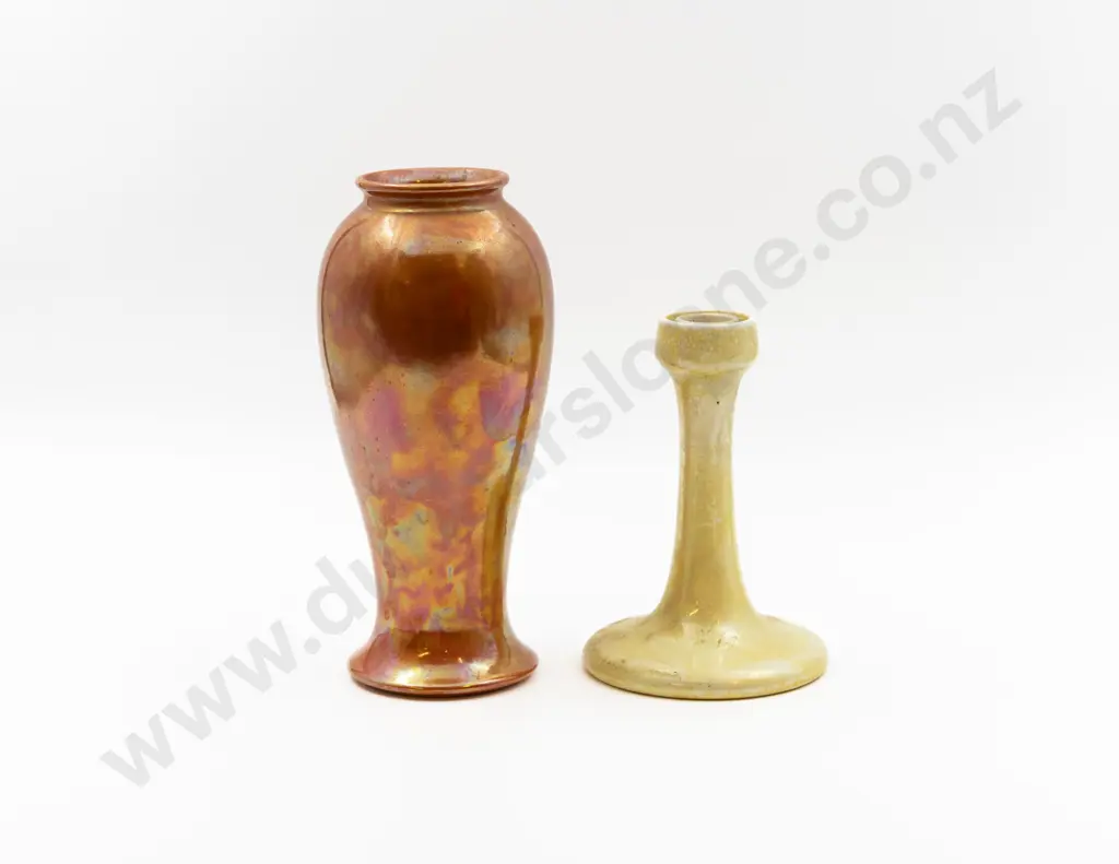 Ruskin Iridescent Lustre Orange Glazed Vase with Yellow Candlestick 24.5cm & 18cm H Image 1++