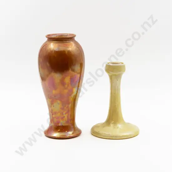 Ruskin Iridescent Lustre Orange Glazed Vase with Yellow Candlestick 24.5cm & 18cm H