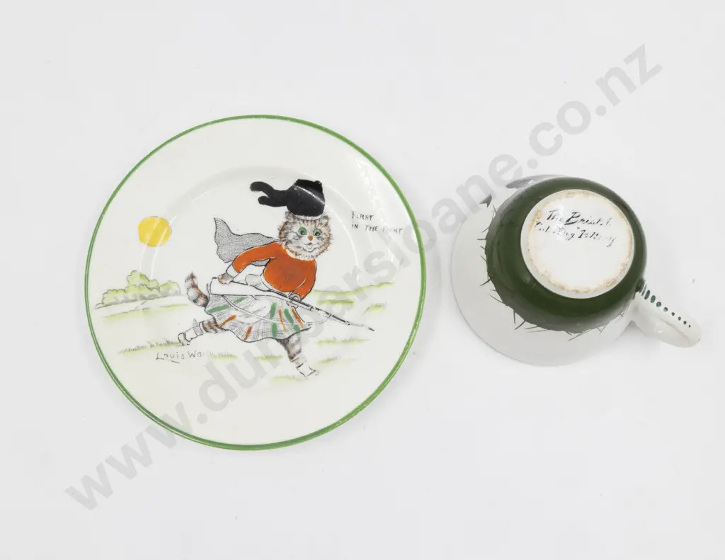 Paragon Louis Wain B&B Handcoloured Plate 'First in the Fight' and The Bristol Cat & Dog Pottery Teacup Image 1++
