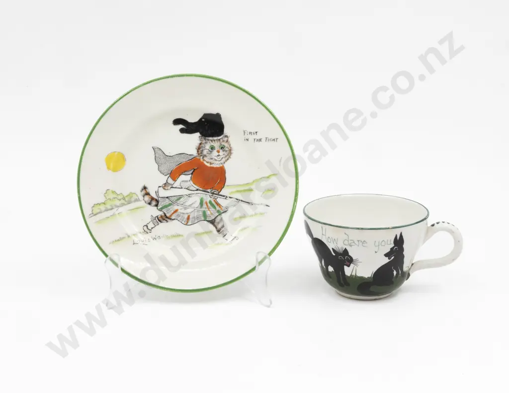 Paragon Louis Wain B&B Handcoloured Plate 'First in the Fight' and The Bristol Cat & Dog Pottery Teacup Image 1++