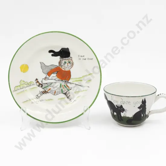 Paragon Louis Wain B&B Handcoloured Plate 'First in the Fight' and The Bristol Cat & Dog Pottery Teacup