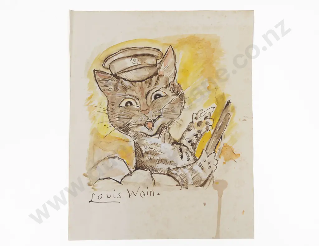 Attributed Louis Wain Watercolour of British "Tommy" Comical Cat Image 1++