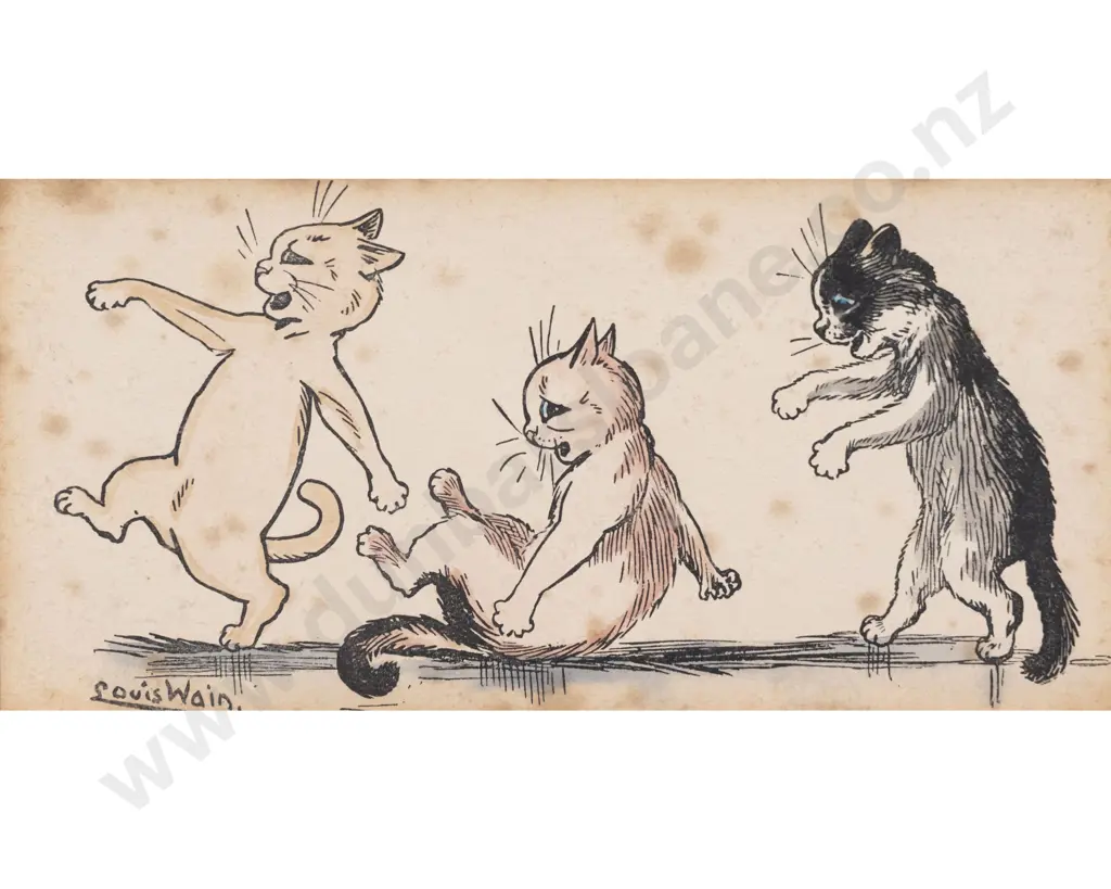 Louis Wain Hand Coloured Print Signed of Three Cats Image 1++