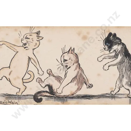 Louis Wain Hand Coloured Print Signed of Three Cats