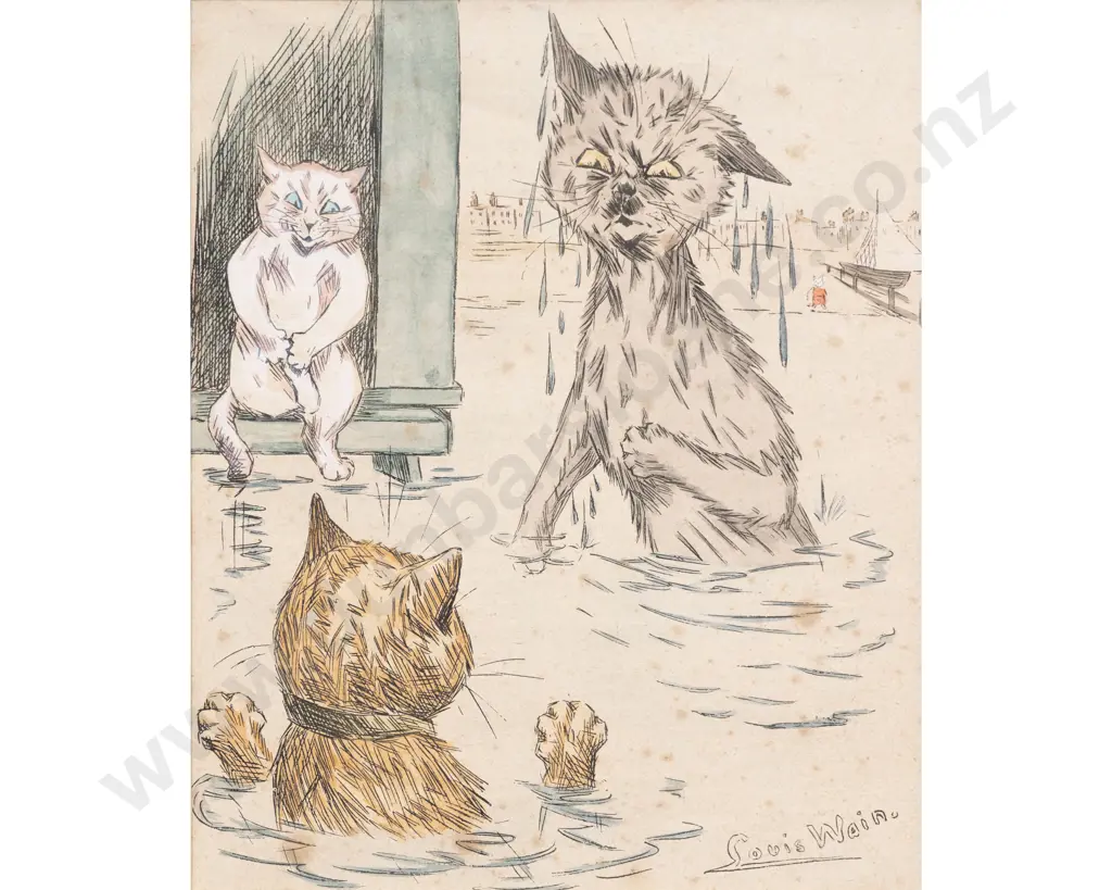 Louis Wain Hand Coloured Print Signed of Three Cats Image 1++